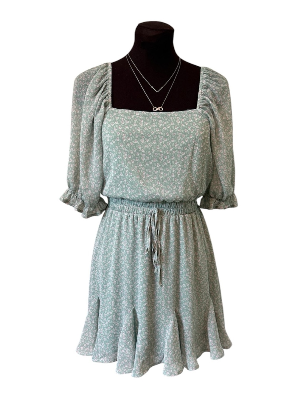 Trixxi Green Floral Mini Dress Puff Sleeve Smocked Waist Lined Size Small